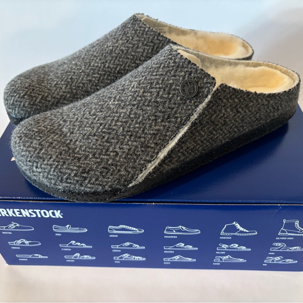 NIB Birkenstock Zermatt River Herringbone Gray Shearling-lined Slippers